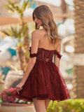 Purple A Line Off the Shoulder Lace Corset Sequined Homecoming Dresses