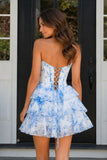 Sky Blue A Line Sweetheart Floral Chiffon Corset Ruffled Homecoming Dresses
