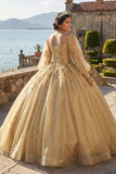 Glamorous Gold Off the Shoulder Glitter Tulle Quinceanera Dress
