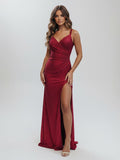 Mermaid V Neck Glitter Jersey Long Prom Dress with Slit