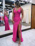 Mermaid V Neck Glitter Jersey Long Prom Dress with Slit
