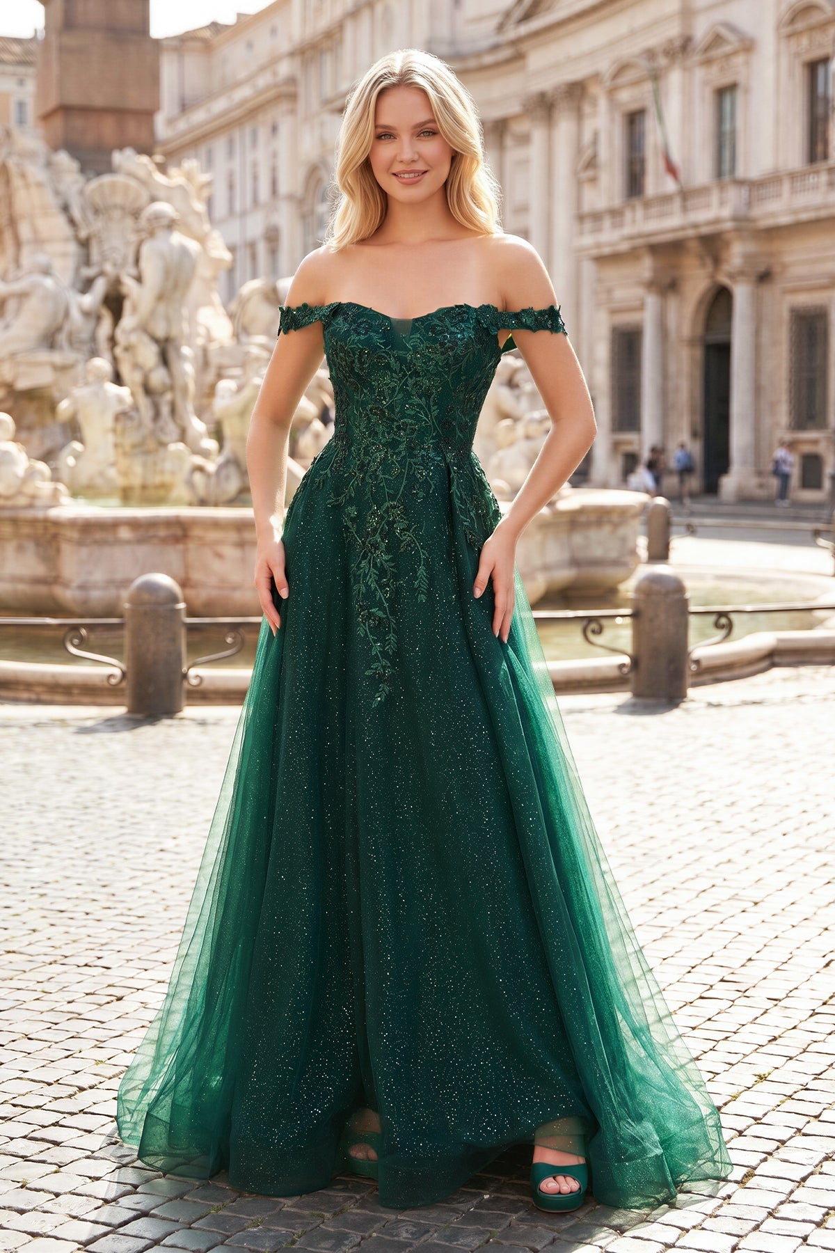 Glitter Emerald Appliques Off-the-Shoulder A-Line Long Prom Dress