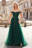 Glitter Emerald Appliques Off-the-Shoulder A-Line Long Prom Dress
