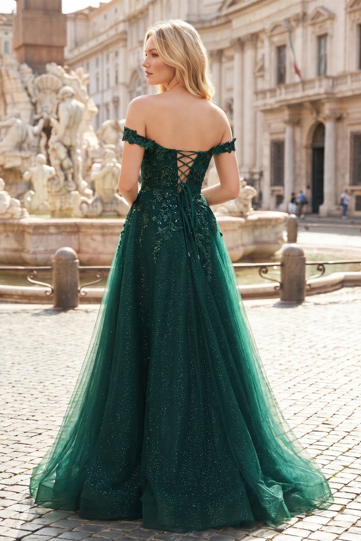 Glitter Emerald Appliques Off-the-Shoulder A-Line Long Prom Dress