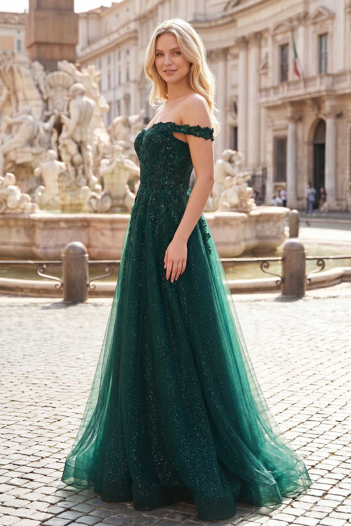 Glitter Emerald Appliques Off-the-Shoulder A-Line Long Prom Dress
