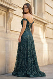 Glitter Mermaid Off The Shoulder Dark Green Long Prom Dress