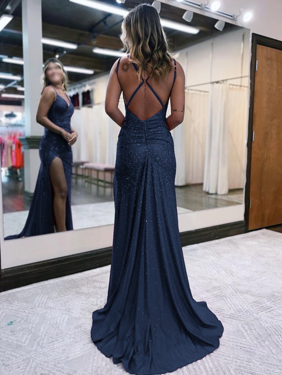 Mermaid V Neck Glitter Jersey Long Prom Dress with Slit