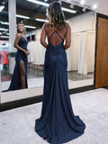 Mermaid V Neck Glitter Jersey Long Prom Dress with Slit