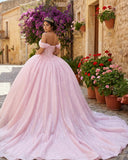 Glitter Off The Shoulder Pink Ball Gown Quinceanera Dresses