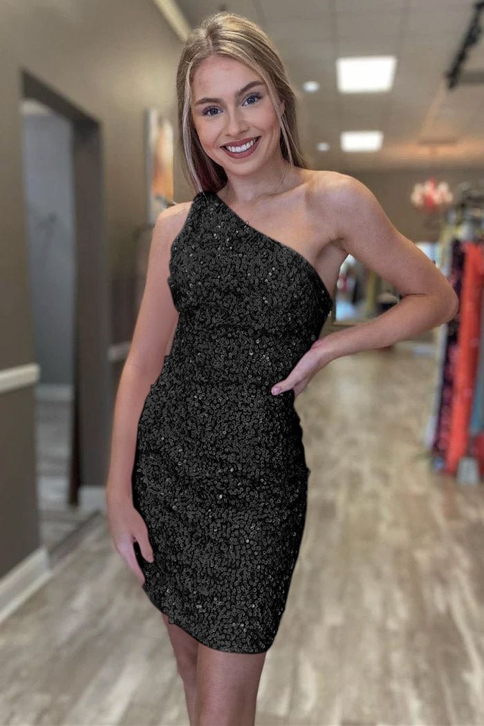 Hot Pink Sheath One Shoulder Sequins Mini Party Dresses