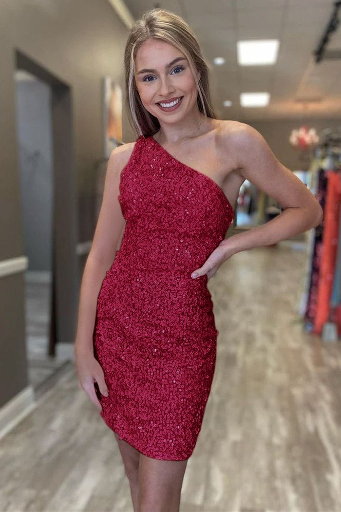 Hot Pink Sheath One Shoulder Sequins Mini Party Dresses