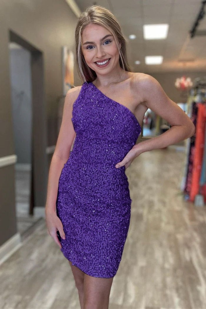 Hot Pink Sheath One Shoulder Sequins Mini Party Dresses