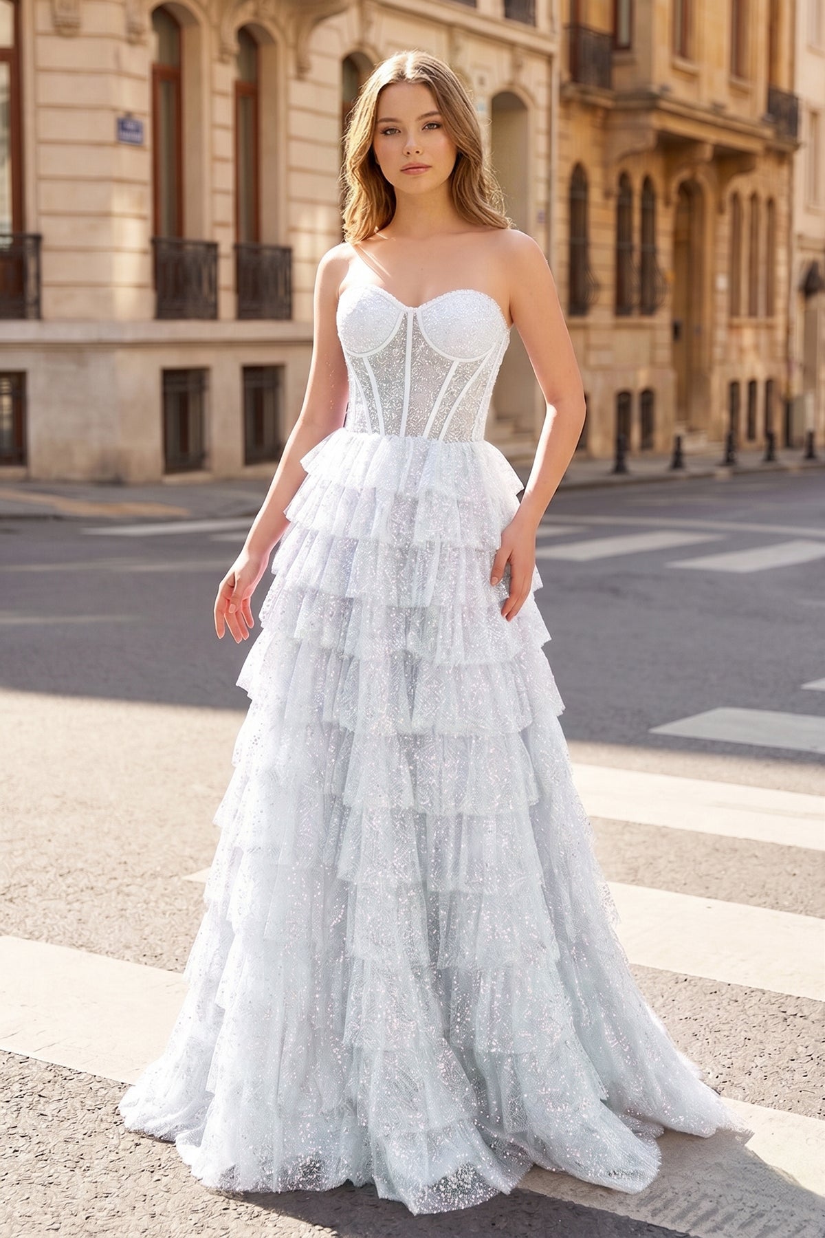 Glitter Tulle Corset Ruffle Tiered Long Prom Dress with Slit