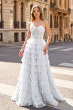 Glitter Tulle Corset Ruffle Tiered Long Prom Dress with Slit