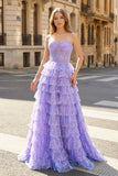 Glitter Tulle Corset Ruffle Tiered Long Prom Dress with Slit