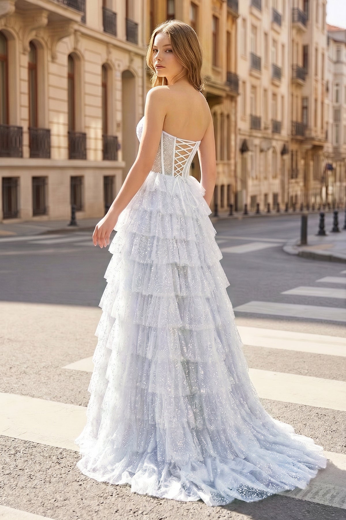 Glitter Tulle Corset Ruffle Tiered Long Prom Dress with Slit