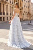 Glitter Tulle Corset Ruffle Tiered Long Prom Dress with Slit