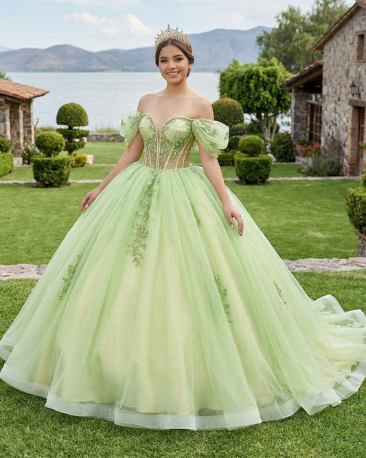 Sage Green Off Shoulder Beading Floral Appliqué Quinceanera Dress