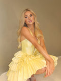 Yellow - Halter A Line Ruffles Satin Homecoming Dress With Bow