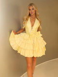 Yellow - Halter A Line Ruffles Satin Homecoming Dress With Bow