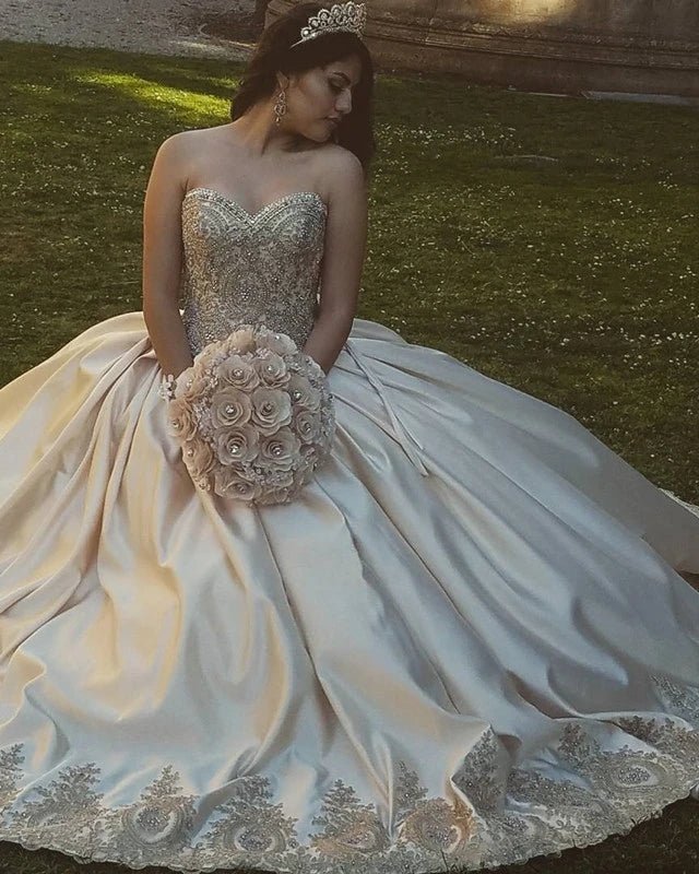 Sweetheart Embroidery Satin  Champagne Quinceanera Dresses Lace Ball Gowns