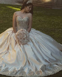 Sweetheart Embroidery Satin  Champagne Quinceanera Dresses Lace Ball Gowns