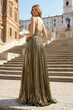 Metallic Keyhole Spaghetti Strap Long Prom Dress with Slit