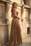 Green Metallic Sweetheart Pleated A-Line Long Prom Dresses