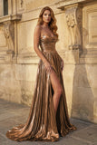 Green Metallic Sweetheart Pleated A-Line Long Prom Dresses