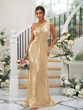 Sheath/Column Sequins Ruched One-Shoulder Sleeveless Sweep/Brush Train Bridesmaid Dresses Evening Dress