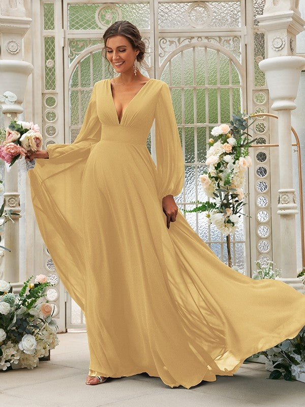 Vestido de dama de honor de corte A/princesa, de gasa, con volantes, escote en V, mangas largas y cola larga, vestido para madre de la novia