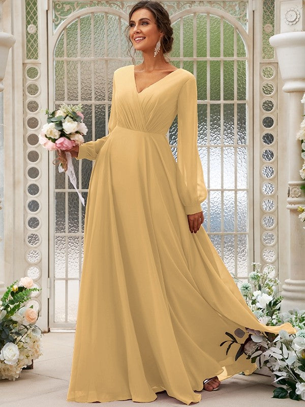 A-Line/Princess Chiffon Ruched V-neck Long Sleeves Floor-Length Bridesmaid Dresses Mother of the Bride Dress