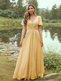 A-Line/Princess Chiffon Ruffles V-neck Short Sleeves Floor-Length Bridesmaid Dresses Evening Prom Dress