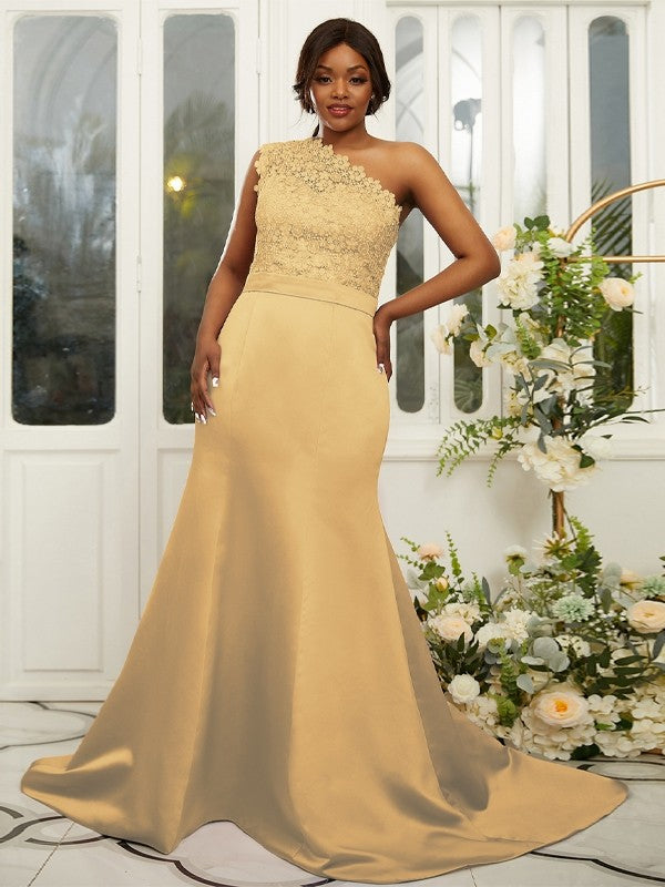 Sheath/Column Satin Lace One-Shoulder Sleeveless Sweep/Brush Train Bridesmaid Dresses Evening Dress