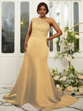Sheath/Column Satin Lace One-Shoulder Sleeveless Sweep/Brush Train Bridesmaid Dresses Evening Dress