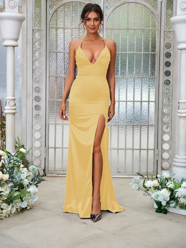 Sheath/Column Silk like Satin Ruched V-neck Sleeveless Sweep/Brush Train Bridesmaid Dresses Evening Dress
