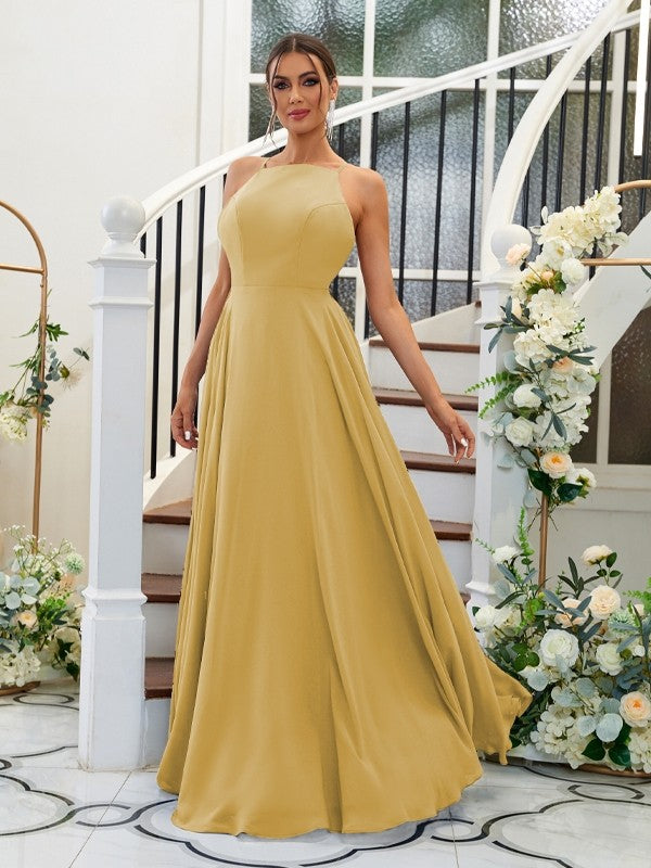 A-Linie/Princess-Linie Chiffon Rüschen Neckholder Ärmellos Bodenlang Brautjungfernkleider Abendkleid