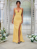 Sheath/Column Silk like Satin Ruched V-neck Sleeveless Sweep/Brush Train Bridesmaid Dresses Evening Dress