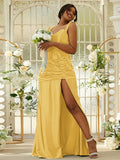 Sheath/Column Polyester Ruched Sweetheart Sleeveless Sweep/Brush Train Bridesmaid Dresses Evening Dress
