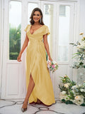 A-Line/Princess Silk like Satin Ruched V-neck Short Sleeves Floor-Length Bridesmaid Dresses Evening Dress