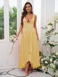 A-Line/Princess Silk like Satin Ruffles V-neck Sleeveless Ankle-Length Bridesmaid Dresses Prom Dress