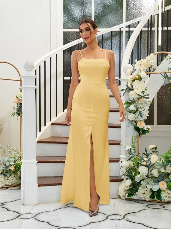 A-Line/Princess Silk like Satin Ruffles Spaghetti Straps Sleeveless Floor-Length Bridesmaid Dresses Evening Dress