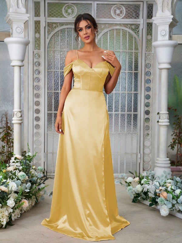 A-Line/Princess Silk like Satin Ruched Sweetheart Sleeveless Sweep/Brush Train Bridesmaid Dresses Evening Dress
