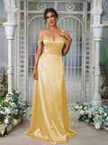 A-Line/Princess Silk like Satin Ruched Sweetheart Sleeveless Sweep/Brush Train Bridesmaid Dresses Evening Dress