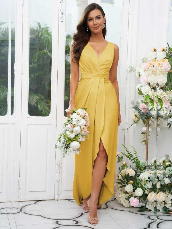 A-Line/Princess Charmeuse Ruched V-neck Sleeveless Sweep/Brush Train Bridesmaid Dresses Evening Dress