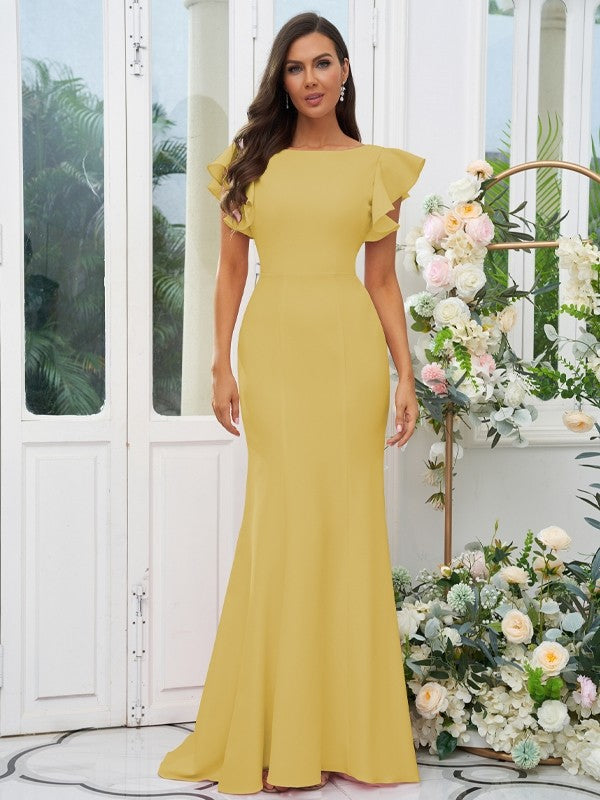 Sheath/Column Stretch Crepe Ruffles Scoop Short Sleeves Sweep/Brush Train Bridesmaid Dresses Evening Dress