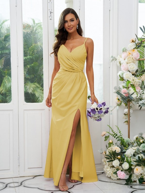 A-Line/Princess Stretch Crepe Ruched V-neck Sleeveless Floor-Length Bridesmaid Dresses Evening Dress