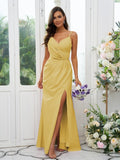A-Line/Princess Stretch Crepe Ruched V-neck Sleeveless Floor-Length Bridesmaid Dresses Evening Dress