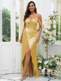 A-Line/Princess Silk like Satin Ruched V-neck Sleeveless Floor-Length Bridesmaid Dresses Evening Dress
