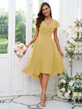 Vestido de dama de honor asimétrico de corte A/princesa, de gasa, con volantes, escote en V y mangas cortas, ideal para invitadas de boda y graduación.